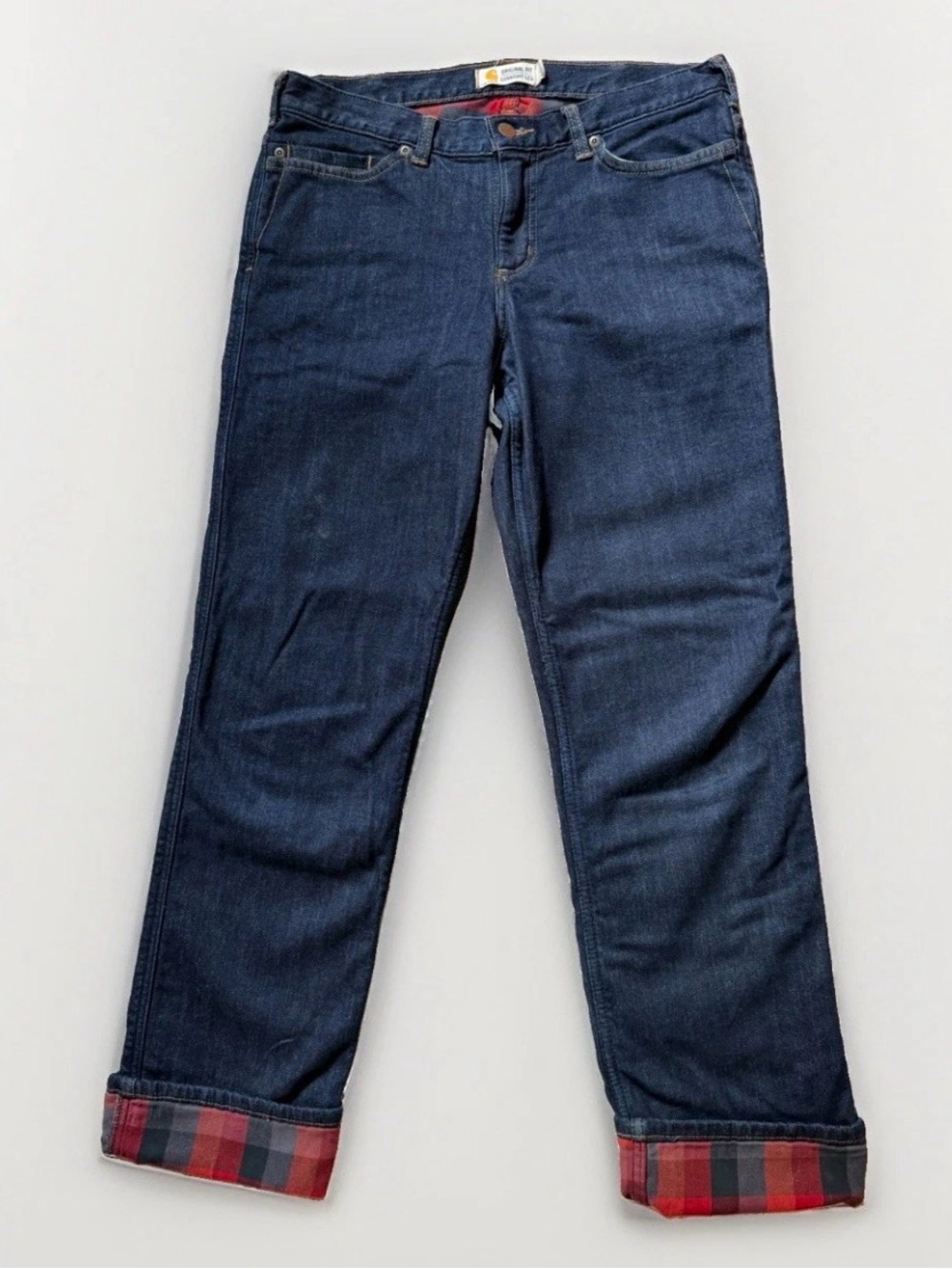 Carhartt Flannel Lined Jeans Womens Sz 10 Dark Wash Western Cuff Straight Leg